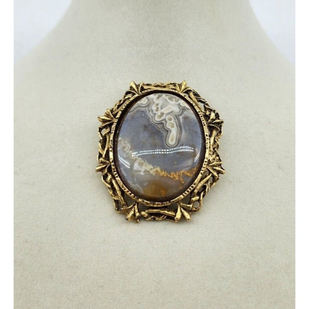 Vintage Gorgeous Framed Crazy Lace Agate Cabochon Brooch Pin Pendant Gold Tone‎